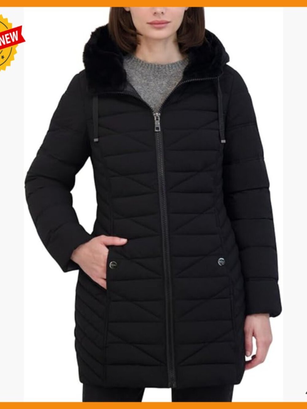 Women's Stretch Puffer Jacket with Faux Fur Hood, Water-Resistant Winter Coat